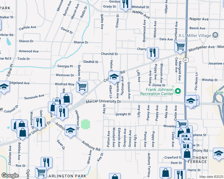 map of restaurants, bars, coffee shops, grocery stores, and more near 370 Albert Lane in Macon