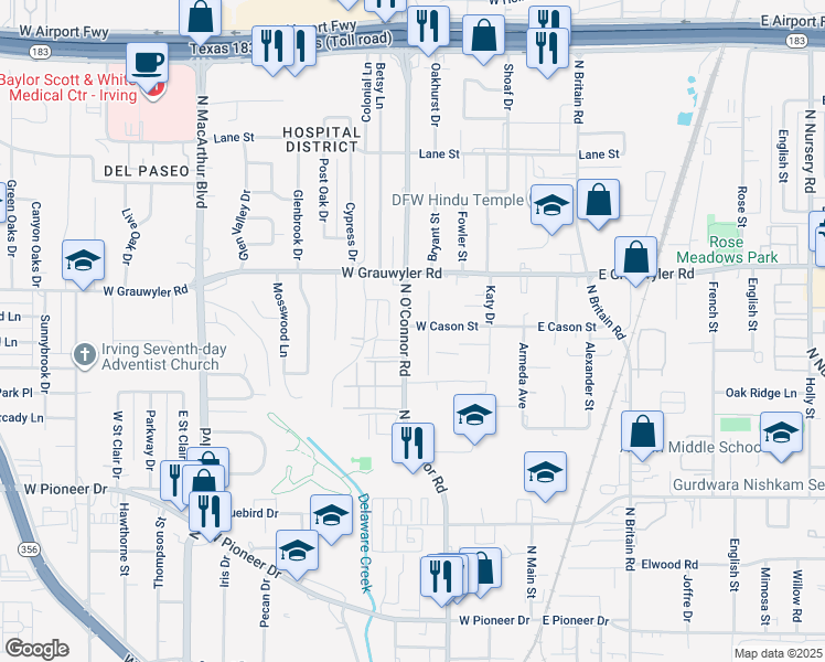 map of restaurants, bars, coffee shops, grocery stores, and more near 1310 North O'Connor Road in Irving