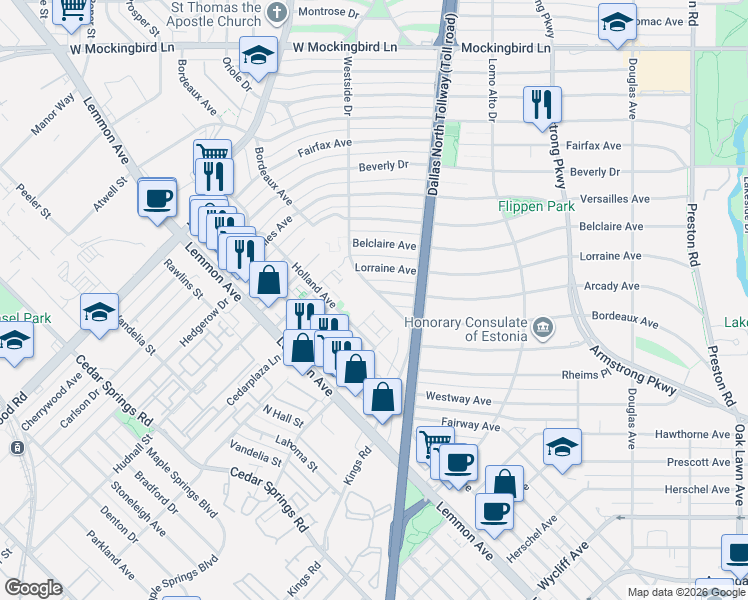 map of restaurants, bars, coffee shops, grocery stores, and more near 4623 Arcady Avenue in Dallas