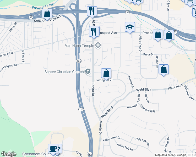 map of restaurants, bars, coffee shops, grocery stores, and more near 9122 Farrington Drive in Santee