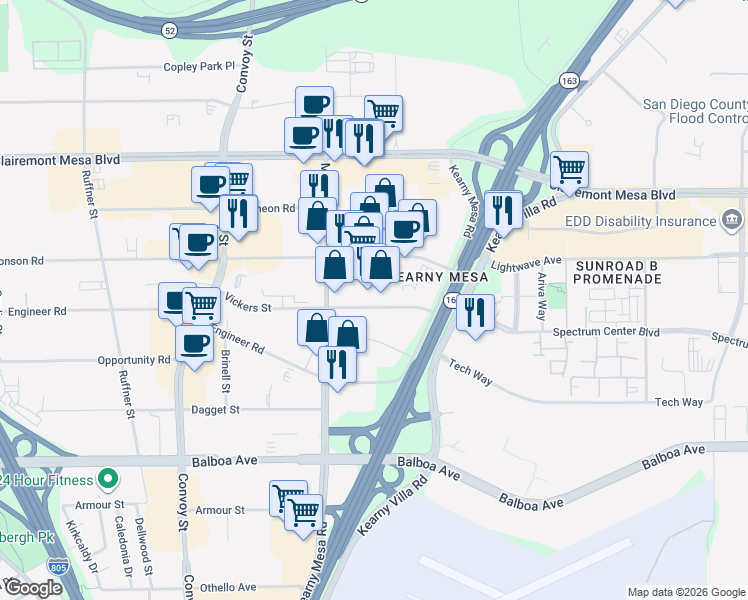 map of restaurants, bars, coffee shops, grocery stores, and more near 8330 Vickers Street in San Diego