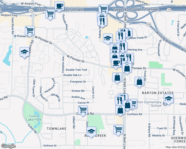map of restaurants, bars, coffee shops, grocery stores, and more near 1309 Carver Lane in Irving