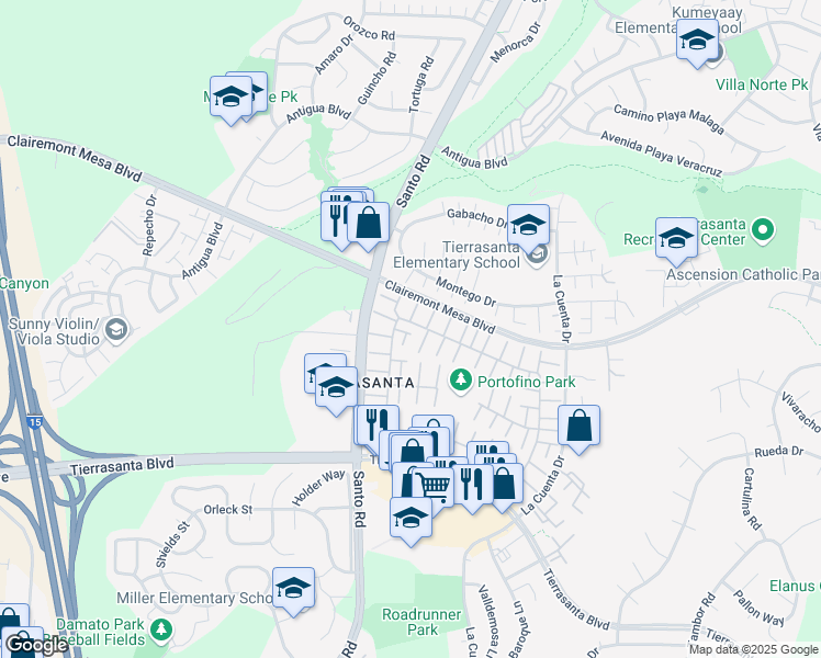 map of restaurants, bars, coffee shops, grocery stores, and more near 5223 Fino Drive in San Diego