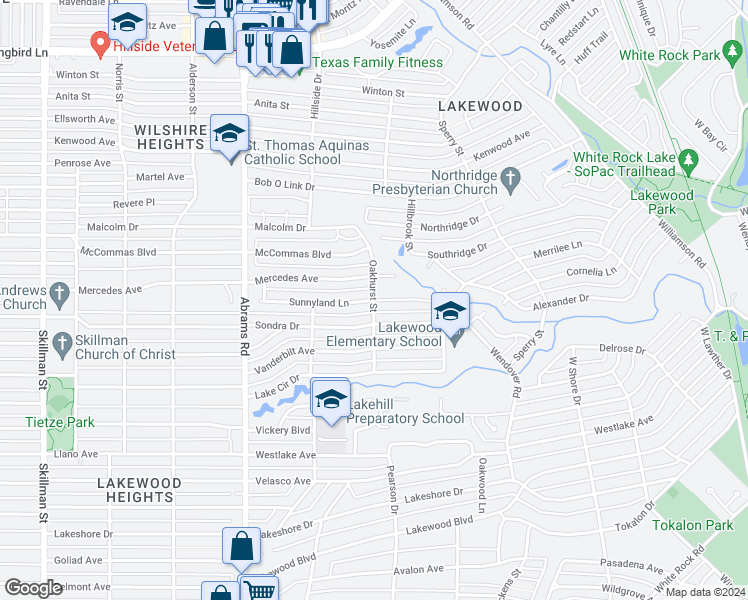 map of restaurants, bars, coffee shops, grocery stores, and more near Sunnyland Lane & Oakhurst Street in Dallas