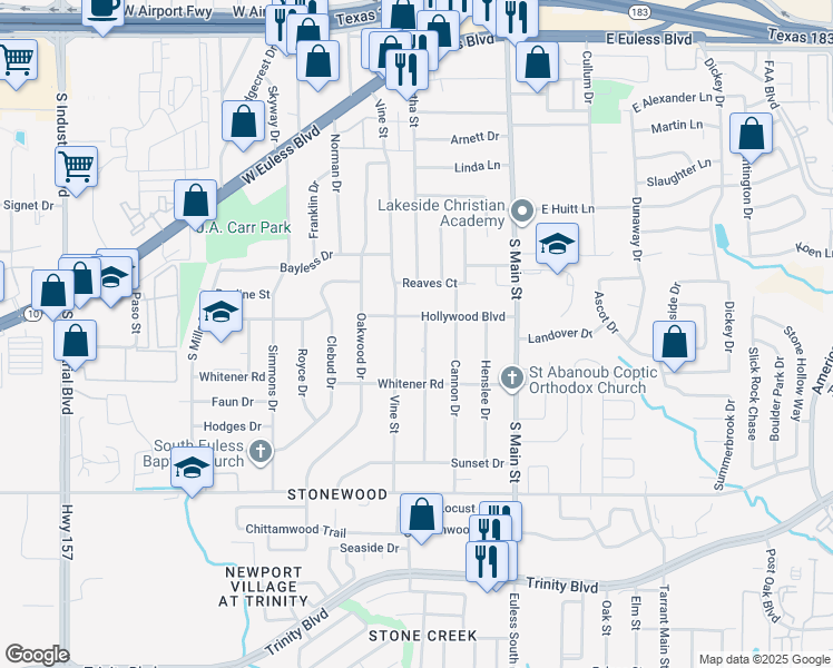 map of restaurants, bars, coffee shops, grocery stores, and more near 704 Broadway Ave in Euless