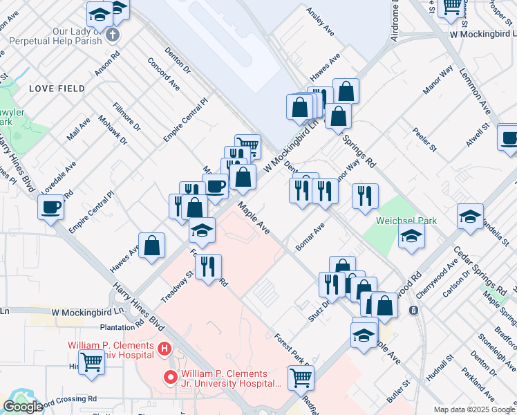 map of restaurants, bars, coffee shops, grocery stores, and more near 6400 Maple Avenue in Dallas