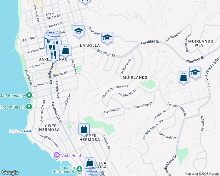 map of restaurants, bars, coffee shops, grocery stores, and more near 946 Muirlands Vista Way in San Diego
