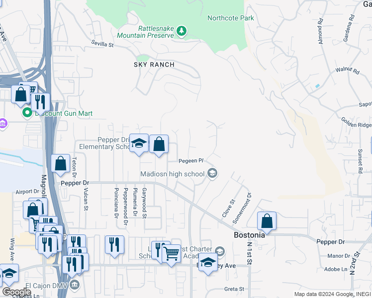 map of restaurants, bars, coffee shops, grocery stores, and more near 8324 Solomon Avenue in El Cajon
