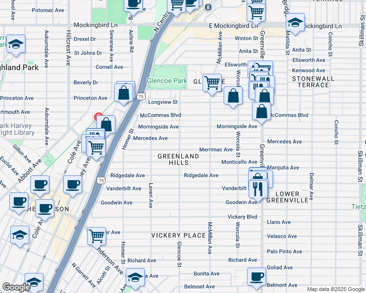 map of restaurants, bars, coffee shops, grocery stores, and more near 5407 Merrimac Avenue in Dallas