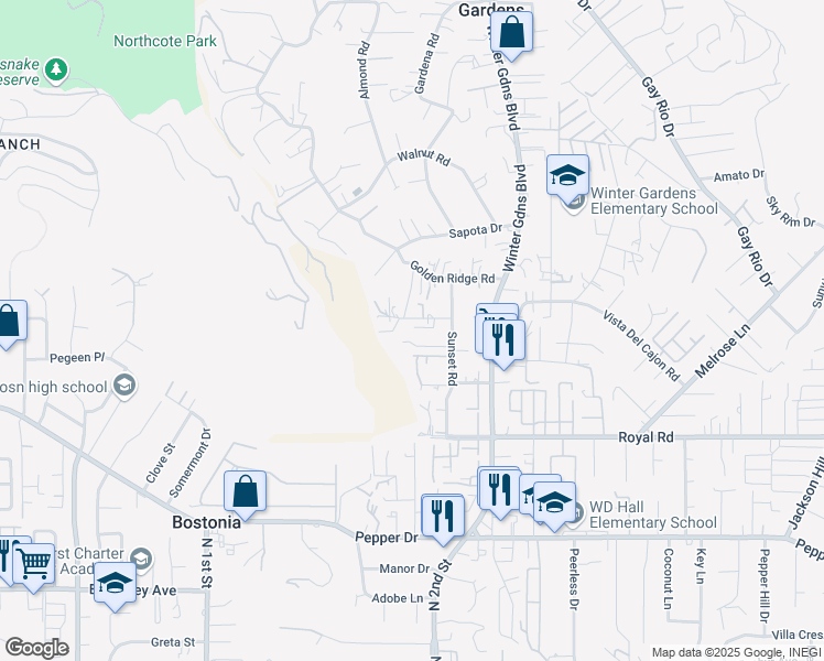 map of restaurants, bars, coffee shops, grocery stores, and more near 11829 Altadena Road in Lakeside