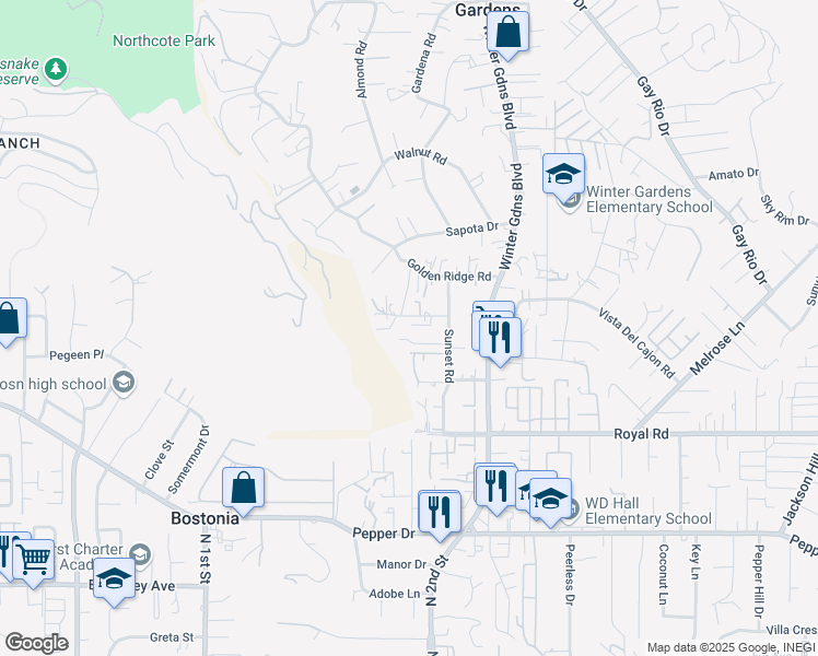 map of restaurants, bars, coffee shops, grocery stores, and more near 11829 Altadena Road in Lakeside