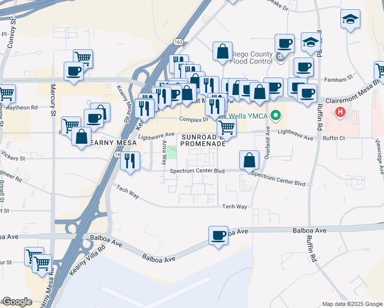 map of restaurants, bars, coffee shops, grocery stores, and more near 8798 Spectrum Center Boulevard in San Diego