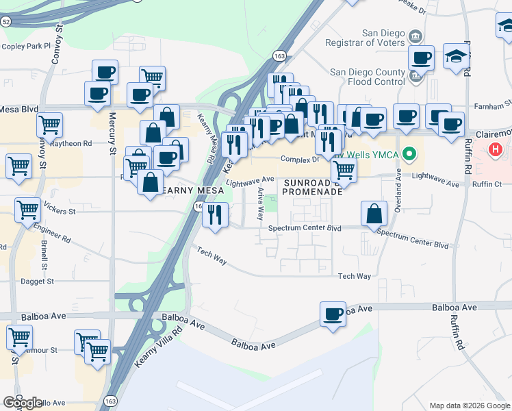 map of restaurants, bars, coffee shops, grocery stores, and more near 8725 Ariva Way in San Diego