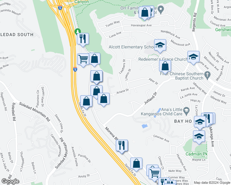 map of restaurants, bars, coffee shops, grocery stores, and more near 2737 Ariane Drive in San Diego