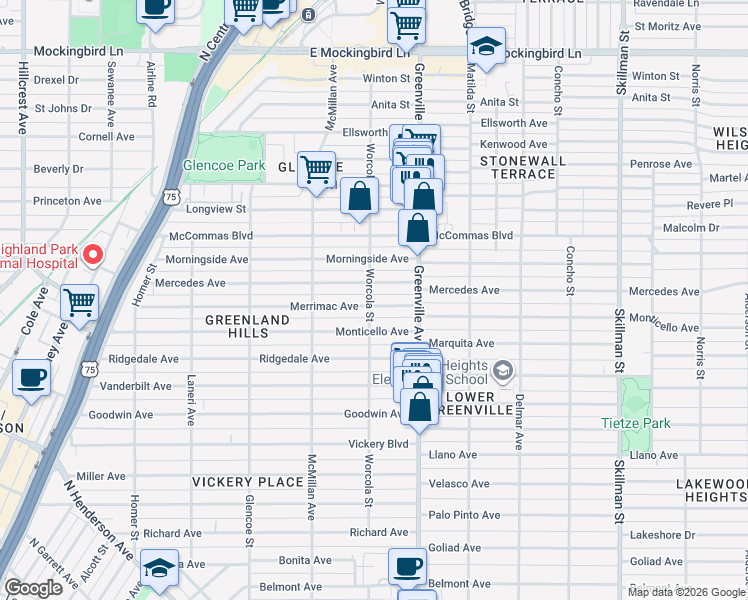 map of restaurants, bars, coffee shops, grocery stores, and more near 5547 Merrimac Avenue in Dallas