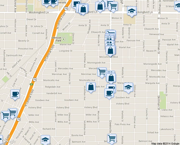 map of restaurants, bars, coffee shops, grocery stores, and more near 5513 Merrimac Avenue in Dallas