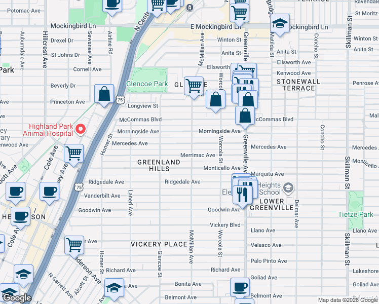map of restaurants, bars, coffee shops, grocery stores, and more near 5439 Merrimac Avenue in Dallas