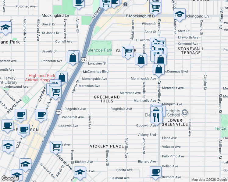 map of restaurants, bars, coffee shops, grocery stores, and more near 5407 Merrimac Avenue in Dallas