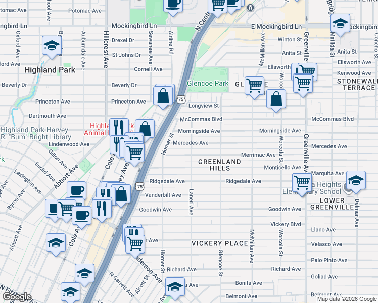 map of restaurants, bars, coffee shops, grocery stores, and more near 5247 Merrimac Avenue in Dallas