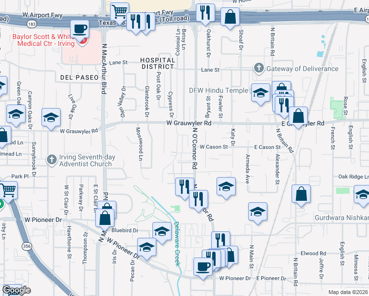 map of restaurants, bars, coffee shops, grocery stores, and more near 1404 Limetree Lane in Irving