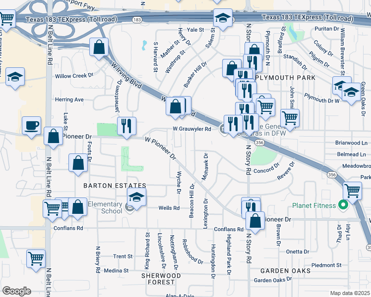 map of restaurants, bars, coffee shops, grocery stores, and more near 2809 West Pioneer Drive in Irving