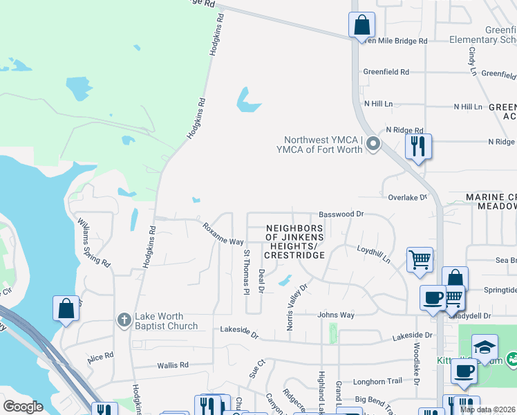 map of restaurants, bars, coffee shops, grocery stores, and more near 6708 Basswood Drive in Fort Worth