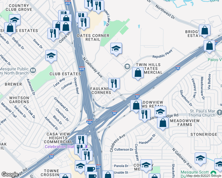 map of restaurants, bars, coffee shops, grocery stores, and more near 4787 North Galloway Avenue in Mesquite