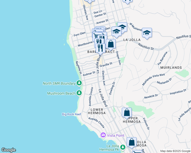 map of restaurants, bars, coffee shops, grocery stores, and more near 6604 La Jolla Boulevard in San Diego