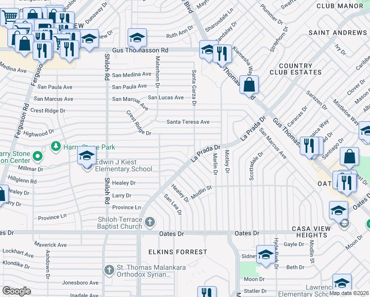 map of restaurants, bars, coffee shops, grocery stores, and more near 3202 Andrea Lane in Dallas