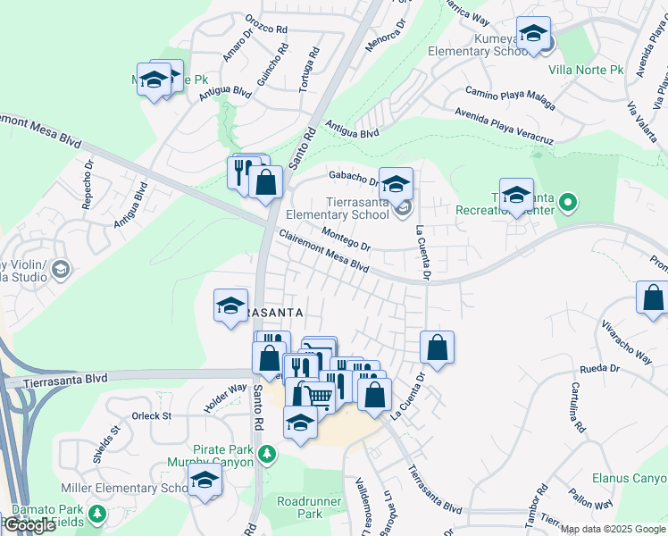 map of restaurants, bars, coffee shops, grocery stores, and more near 10670 Esmeraldas Drive in San Diego