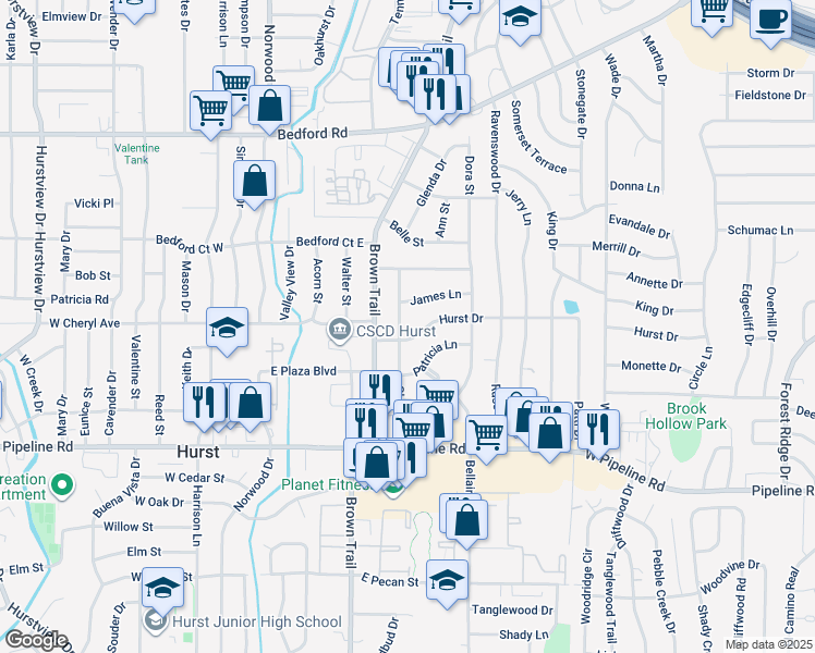 map of restaurants, bars, coffee shops, grocery stores, and more near 904 Glenda Dr in Bedford