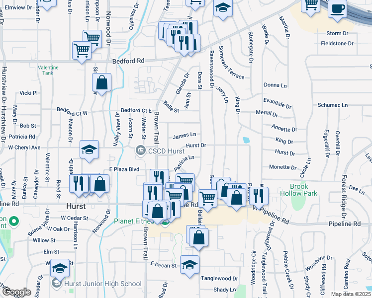 map of restaurants, bars, coffee shops, grocery stores, and more near 344 Hurst Drive in Bedford