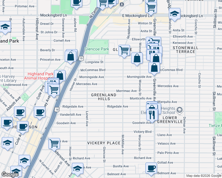 map of restaurants, bars, coffee shops, grocery stores, and more near 5407 Merrimac Avenue in Dallas