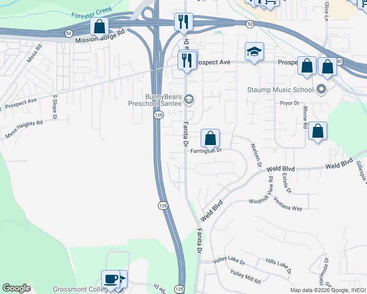 map of restaurants, bars, coffee shops, grocery stores, and more near 8320-8328 Fanita Drive in Santee