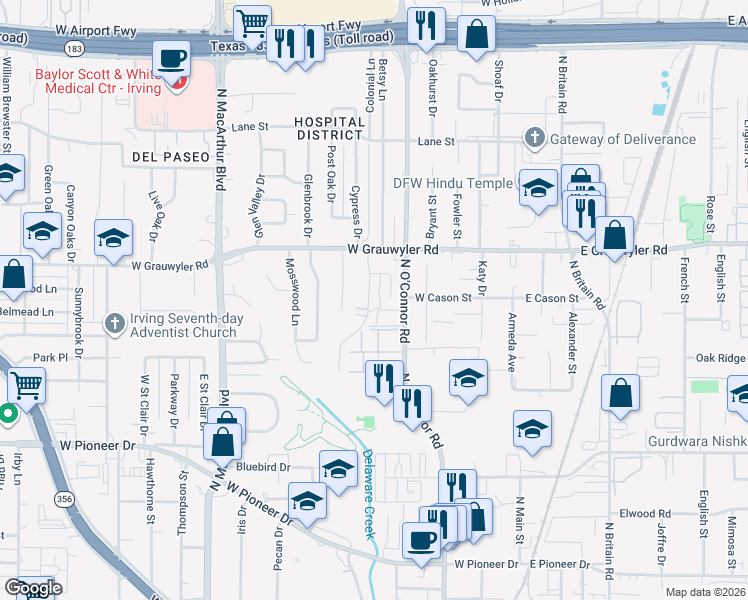 map of restaurants, bars, coffee shops, grocery stores, and more near 1404 Limetree Lane in Irving