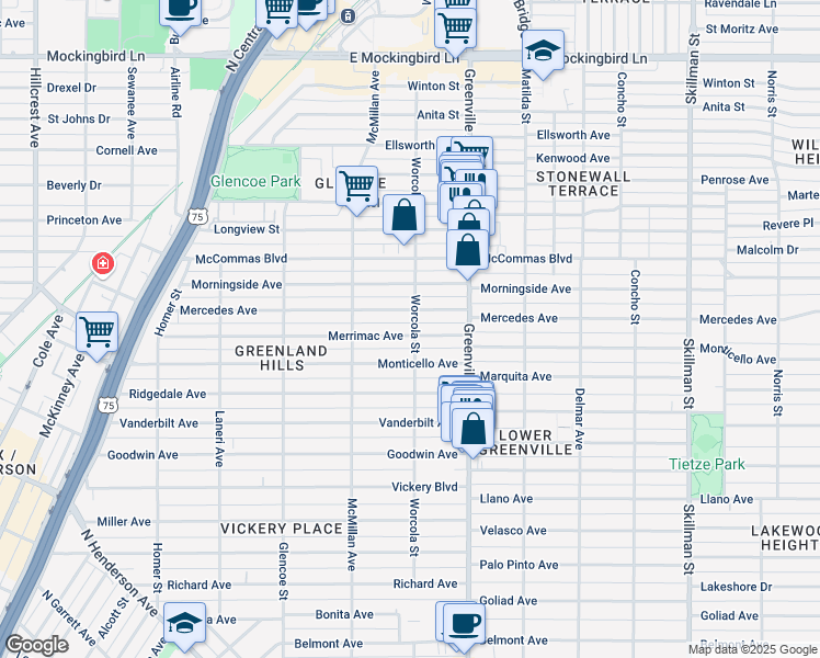map of restaurants, bars, coffee shops, grocery stores, and more near 5547 Merrimac Avenue in Dallas
