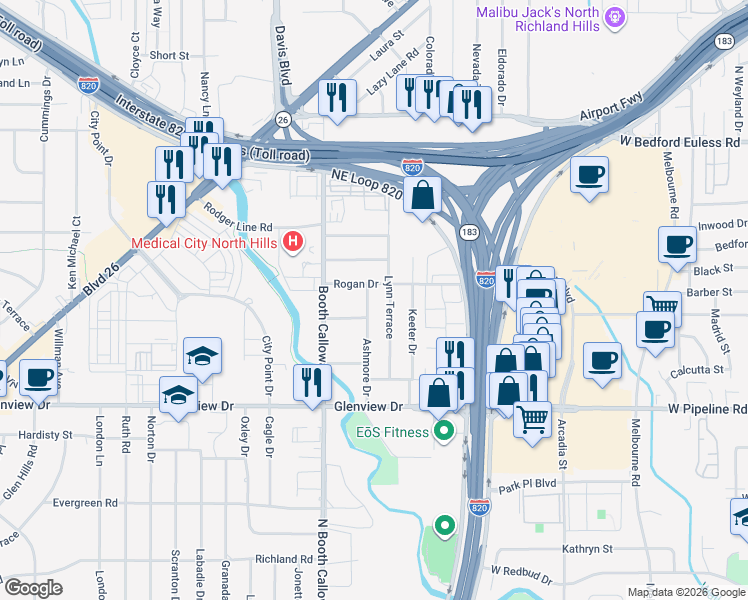 map of restaurants, bars, coffee shops, grocery stores, and more near 4313 Ashmore Drive in Fort Worth