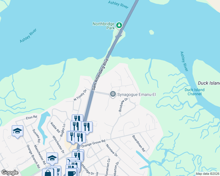 map of restaurants, bars, coffee shops, grocery stores, and more near 4 Windsor Drive in Charleston