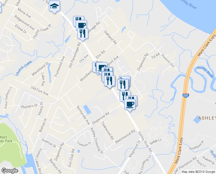 map of restaurants, bars, coffee shops, grocery stores, and more near 2455 Ashley River Road in Charleston