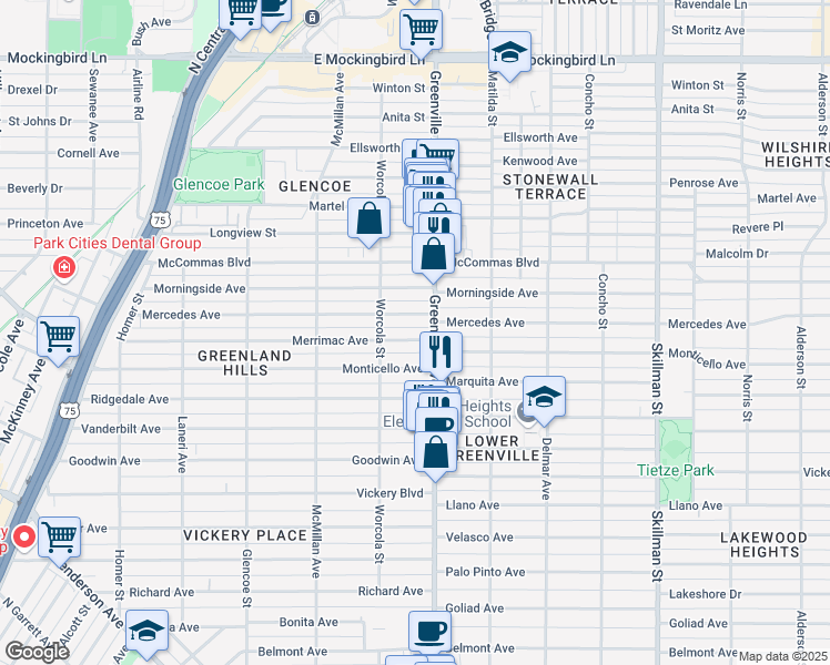 map of restaurants, bars, coffee shops, grocery stores, and more near 5627 Merrimac Avenue in Dallas