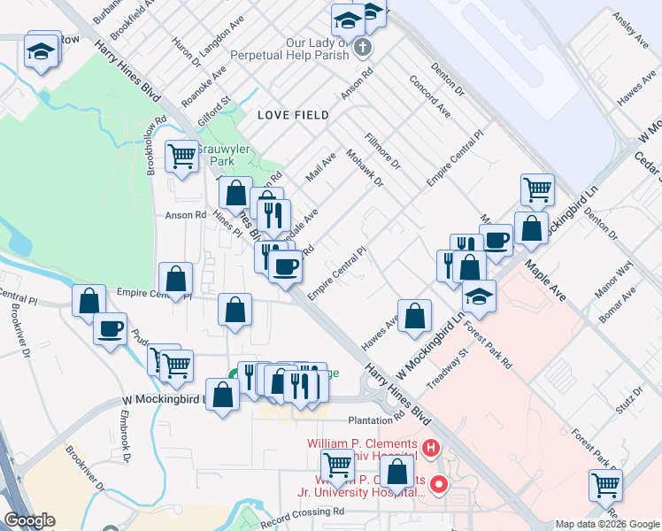 map of restaurants, bars, coffee shops, grocery stores, and more near 2043 Empire Central Drive in Dallas