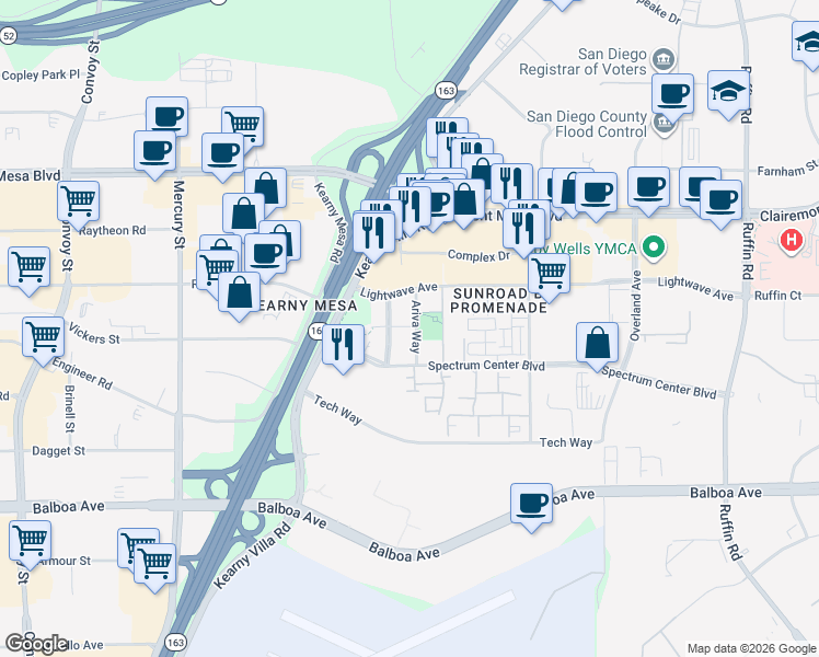 map of restaurants, bars, coffee shops, grocery stores, and more near 8725 Ariva Way in San Diego