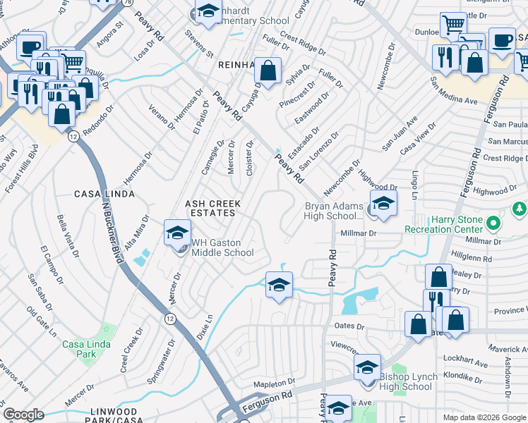 map of restaurants, bars, coffee shops, grocery stores, and more near 9810 Ash Creek Drive in Dallas