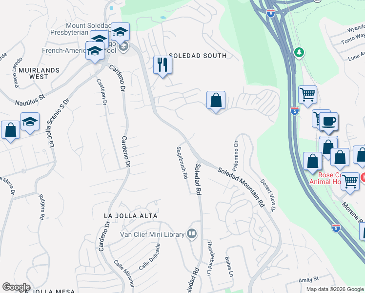 map of restaurants, bars, coffee shops, grocery stores, and more near 5974 Sagebrush Road in San Diego