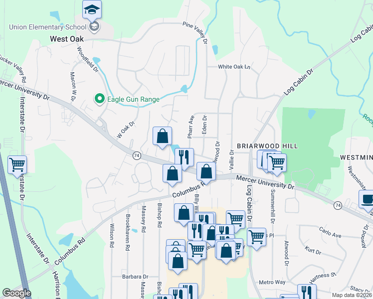 map of restaurants, bars, coffee shops, grocery stores, and more near 4423 Pharr Avenue in Macon