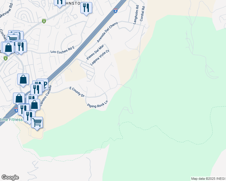 map of restaurants, bars, coffee shops, grocery stores, and more near 8265 East County Drive in El Cajon