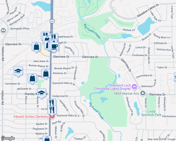 map of restaurants, bars, coffee shops, grocery stores, and more near 4412 Starlight Drive in Haltom City