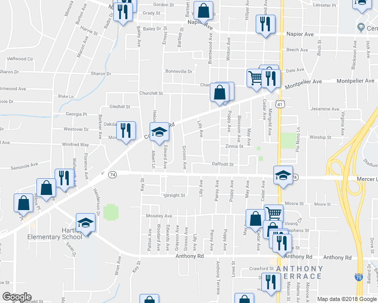 map of restaurants, bars, coffee shops, grocery stores, and more near 284 Grosso Avenue in Macon