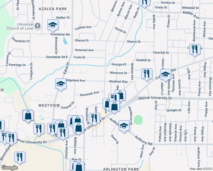 map of restaurants, bars, coffee shops, grocery stores, and more near 1540 Burton Avenue in Macon