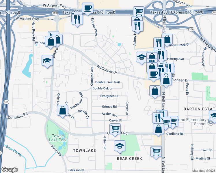 map of restaurants, bars, coffee shops, grocery stores, and more near 3905 Double Oak Lane in Irving